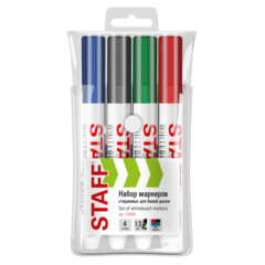 Маркеры стираемые для белой доски НАБОР 4 ЦВЕТА, STAFF &laquo;BASIC&raquo; WBM-200, 1-3 мм, 152639