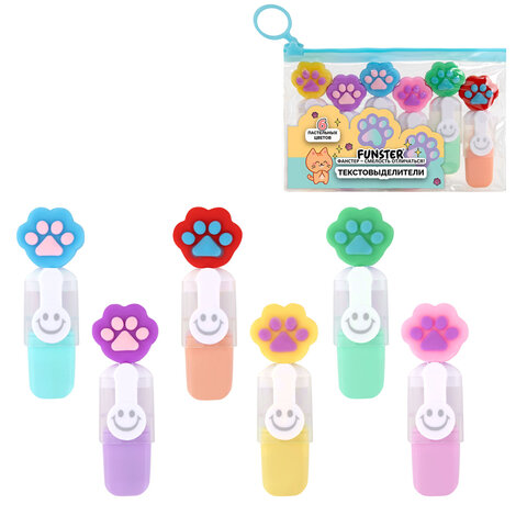 Набор текстовыделителей с топперами 6 ЦВЕТОВ ПАСТЕЛЬ, "ЛАПКИ", линия 1-4 мм, FUNSTER (ФАНСТЕР), 152650