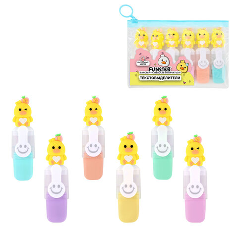 Набор текстовыделителей с топперами 6 ЦВЕТОВ ПАСТЕЛЬ, "НЕЖНЫЕ ЦЫПЛЯТА", линия 1-4мм, FUNSTER (ФАНСТЕР), 152653