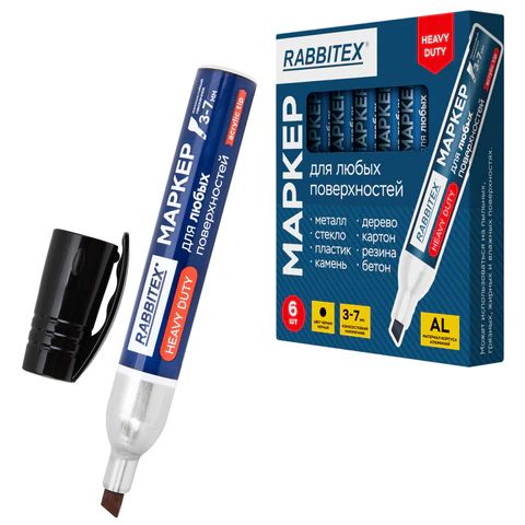 Маркер перманентный строительный для ЛЮБЫХ поверхностей металл, дерево, стекло, пластик, бетон HEAVY DUTY, ЧЕРНЫЙ 3-7 мм, RABBITEX, 152659