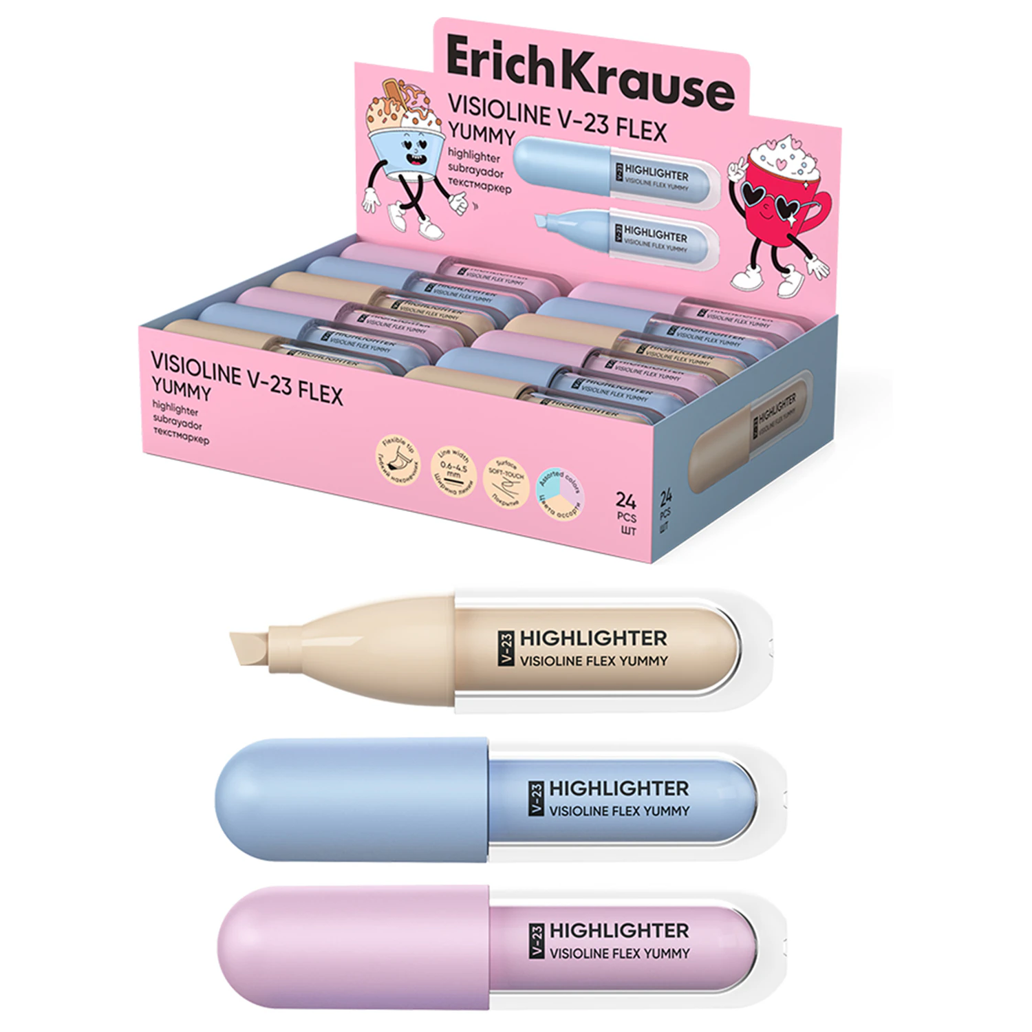 Текстовыделитель ERICH KRAUSE "Visioline V-23 Flex Yummy", с гибким наконечником, цвет ассорти, 63554