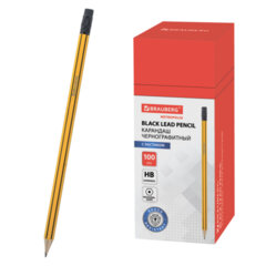 Изображение товара Карандаш чернографитный BRAUBERG, 1 шт., НВ, с ластиком, корпус желтый с черными полосами, заточенный, 180614
