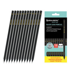 Карандаши чернографитные BRAUBERG НАБОР 12 шт., &laquo;Black Jack&raquo;, 2Н-4В, без резинки, черные, дерево, заточенные, 180620