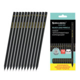 Карандаши чернографитные BRAUBERG НАБОР 12 шт., "Black Jack", 2Н-4В, без резинки, черные, дерево, заточенные, 180620