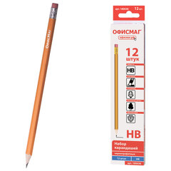 Изображение товара Карандаши чернографитные простые с ластиком HB, ВЫГОДНАЯ УПАКОВКА КОМПЛЕКТ 12 штук, ОФИСМАГ, 180638