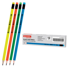 Карандаш чернографитный BRAUBERG, 1 шт., &laquo;Neon&raquo;, HB, трехгранный, с ластиком, корпус неоновый ассорти, 181298