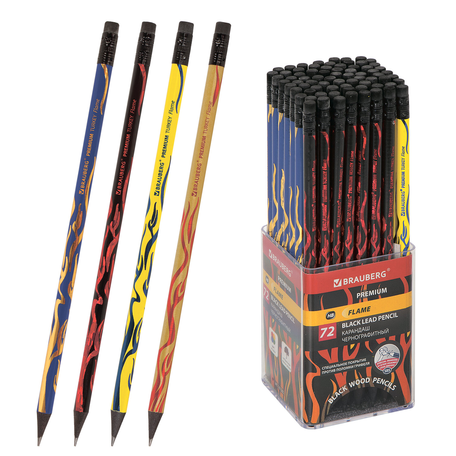 Карандаш чернографитный BRAUBERG "PREMIUM TURKEY", 1 шт., "Flame", НВ, ассорти, дисплей,181565