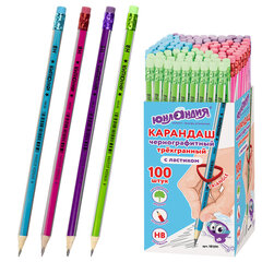 Изображение товара Карандаш чернографитный ЮНЛАНДИЯ, 1 шт., «Трехгранная Серия», НВ, корпус ассорти, с резинкой, 181591