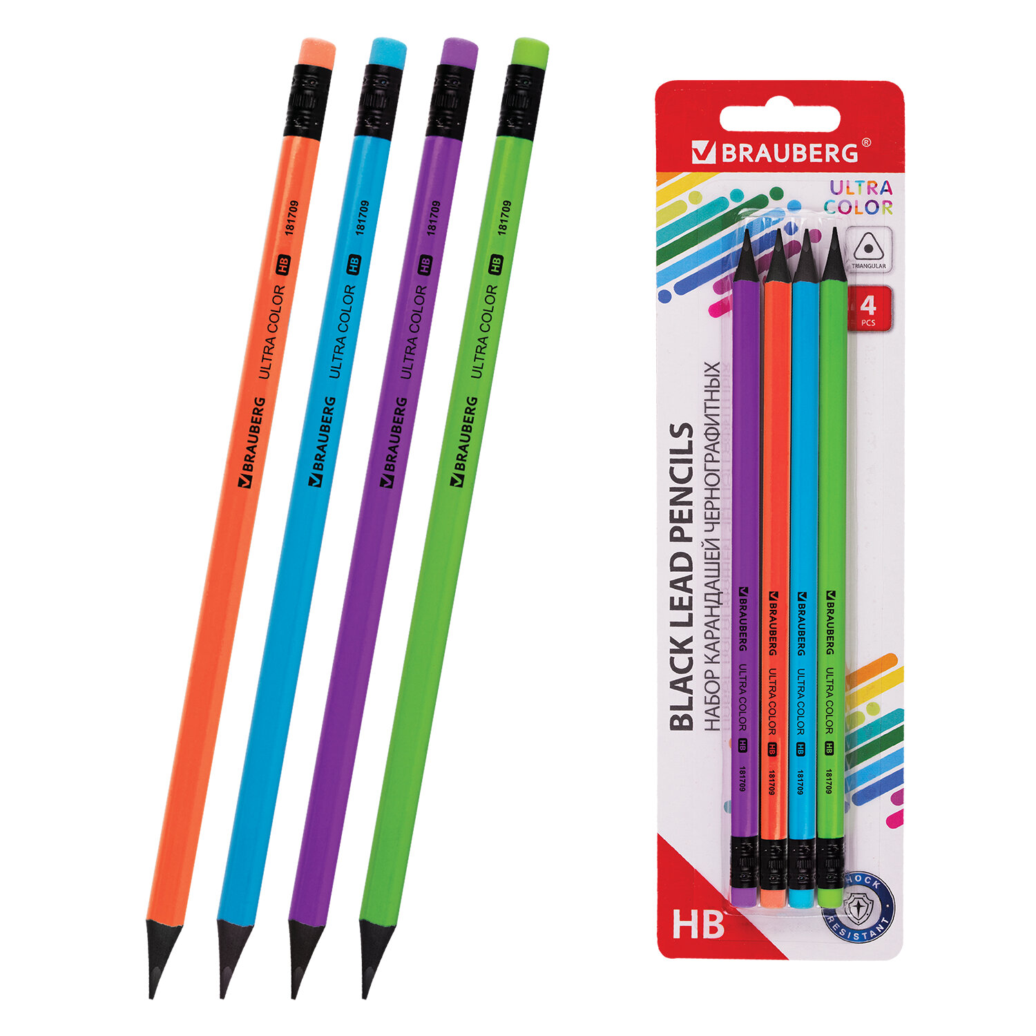 Набор карандашей чернографитных BRAUBERG "ULTRA COLOR" 4 шт., HB, с ластиком, пластиковые, 181709