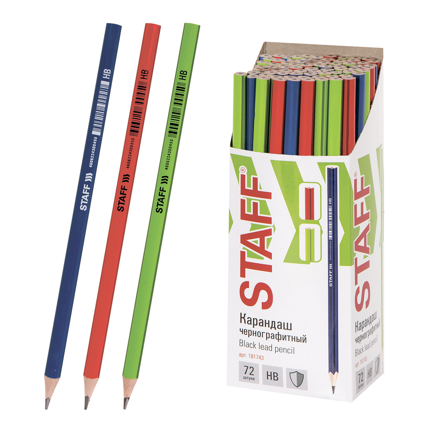 Карандаш чернографитный STAFF "Basic" BLP-743, 1 шт., НВ, пластиковый, корпус ассорти, 181743