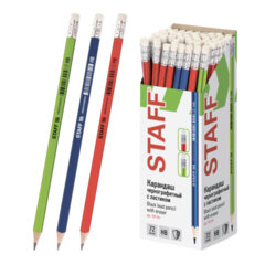 Карандаш чернографитный STAFF "Basic" BLP-744, 1 шт., НВ, с ластиком, пластик, корпус ассорти, 181744