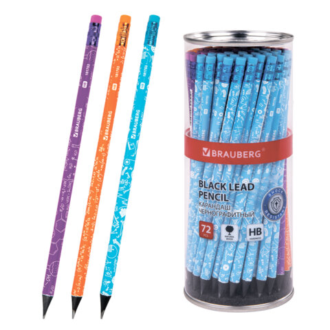 Карандаш чернографитный BRAUBERG "EXAM", 1 шт., HB, с ластиком, корпус ассорти, 181753