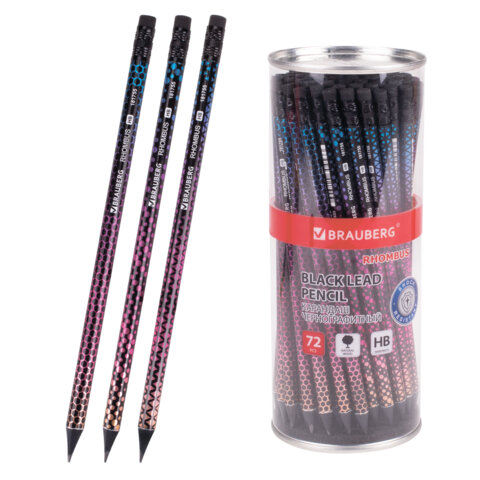 Карандаш чернографитный BRAUBERG "RHOMBUS", 1 шт., HB, с ластиком, корпус ассорти, 181755