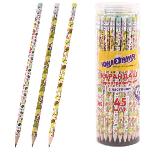 Карандаш чернографитный ЮНЛАНДИЯ "ФРУКТЫ", 1 шт., HB, с ластиком, корпус ассорти, 181777