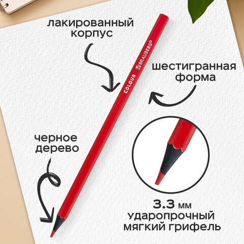 Карандаши цветные BRAUBERG, 12 цветов, черное дерево, грифель мягкий 3,3 мм, 181856