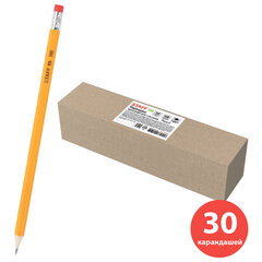 Карандаши чернографитные простые с ластиком HB, ВЫГОДНАЯ УПАКОВКА КОМПЛЕКТ 30 штук, STAFF, 181881