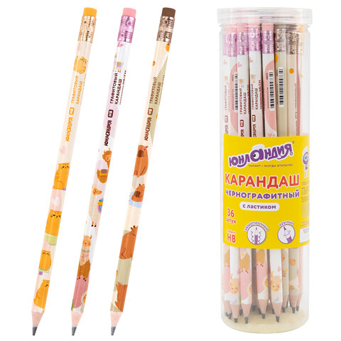 Карандаш чернографитный с принтом ЮНЛАНДИЯ "FAT ANIMALS", 1 шт., HB, с ластиком, корпус ассорти, 182012