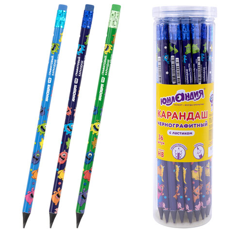 Карандаш чернографитный с принтом ЮНЛАНДИЯ МОНСТРИКИ, 1 шт., HB, с ластиком, корпус ассорти, 182014