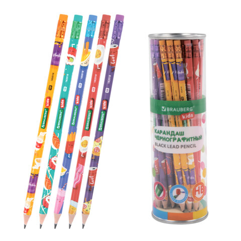 Карандаш чернографитный с принтом BRAUBERG KIDS "FOOD", 1 шт., HB, с ластиком, корпус ассорти, 182018