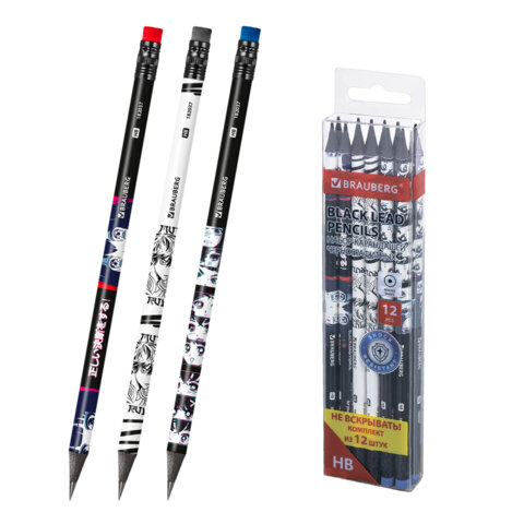 Набор карандашей чернографитных с принтом BRAUBERG "MANGA", 12 штук, HB, с ластиком, корпус ассорти, 182037