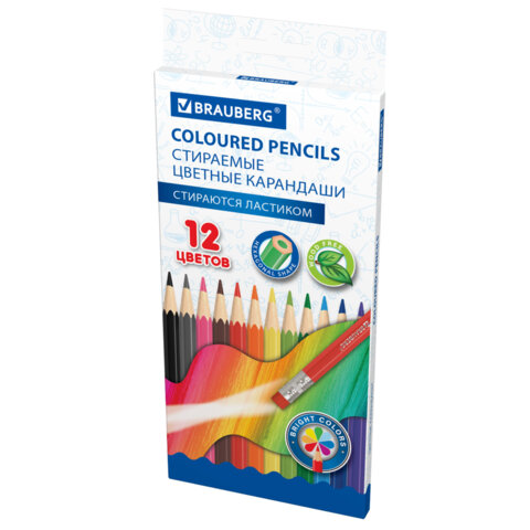 Карандаши цветные стираемые с ластиком BRAUBERG, 12 цветов, шестигранные, 182070
