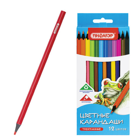 Карандаши цветные ПИФАГОР СТАНДАРТ 12 цветов, трехгранный корпус, 182087