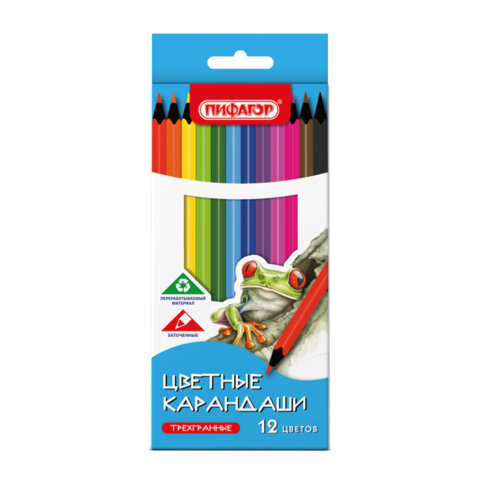 Карандаши цветные ПИФАГОР СТАНДАРТ 12 цветов, трехгранные, 182087