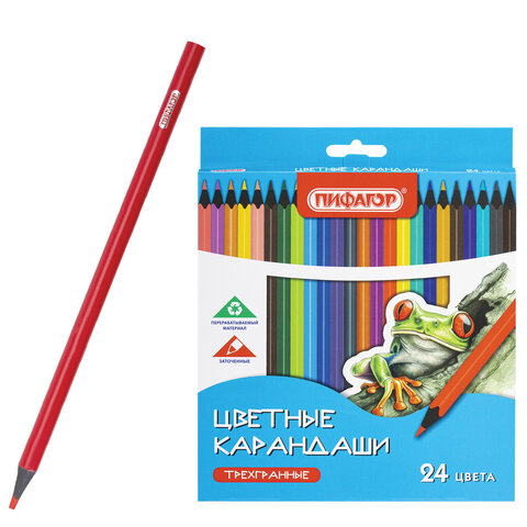 Карандаши цветные ПИФАГОР СТАНДАРТ 24 цвета, трехгранный корпус, 182088
