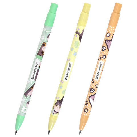 Карандаш механический цанговый 2 мм, с принтом кросс-серия МИЛЫЕ КОТЫ, BRAUBERG, HB, встроенная точилка, корпус ассорти, 182108