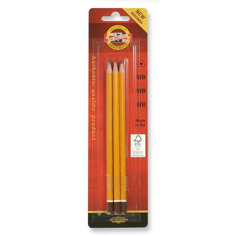 Карандаши чернографитные KOH-I-NOOR "1580", НАБОР 3 шт., HB, без резинки, заточенные, блистер, 15800HB001BL