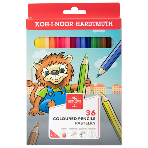 Карандаши цветные KOH-I-NOOR "LION", 36 цветов, шестигранные, 2,8 мм, натуральное дерево, 3555036034KS