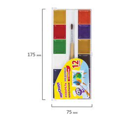 Краски акварельные ЮНЛАНДИЯ &laquo;ШКОЛЬНЫЕ&raquo;, 12 цветов, медовые, увеличенный объем кювет, С КИСТЬЮ, пластиковая коробка, 191527