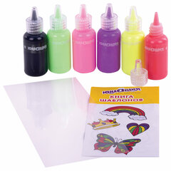 Краски витражные ЮНЛАНДИЯ &laquo;НЕОНЧИКИ&raquo;, 5 цветов светящихся в темноте + 1 черный, 20 мл, шаблоны, 191760