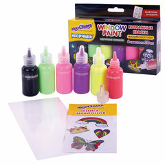 Краски витражные ЮНЛАНДИЯ &laquo;НЕОНЧИКИ&raquo;, 5 цветов светящихся в темноте + 1 черный, 20 мл, шаблоны, 191760