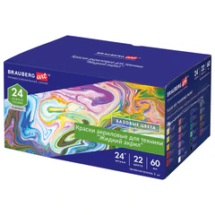 Краски акриловые для техники &laquo;Жидкий акрил&raquo; (POURING PAINT), НАБОР 22 цвета, 24 штуки по 60 мл, BRAUBERG ART, 192237