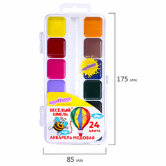 Краски акварельные ЮНЛАНДИЯ &laquo;ВЕСЁЛЫЙ ШМЕЛЬ&raquo;, медовые, 24 цвета, квадратные кюветы, пластик, 192363