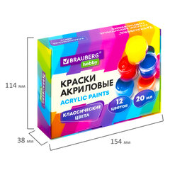 Краски акриловые для рисования и творчества 12 цветов по 20 мл, BRAUBERG HOBBY, 192435