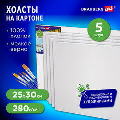 Холсты на картоне НАБОР 5 шт. (25&times;30 см), 280 г/<wbr/>м<sup>2</sup>, грунт, 100% хлопок, BRAUBERG ART CLASSIC, 192504