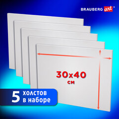 Холсты на картоне НАБОР 5 шт. (30&times;40 см), 280 г/<wbr/>м<sup>2</sup>, грунт, 100% хлопок, BRAUBERG ART CLASSIC, 192505