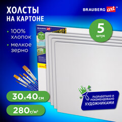 Холсты на картоне НАБОР 5 шт. (30&times;40 см), 280 г/<wbr/>м<sup>2</sup>, грунт, 100% хлопок, BRAUBERG ART CLASSIC, 192505