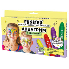 Аквагрим для лица и тела, 12 цветов (6 классических + 3 неоновых + 3 металлик), 10 трафаретов, FUNSTER (ФАНСТЕР), 192575