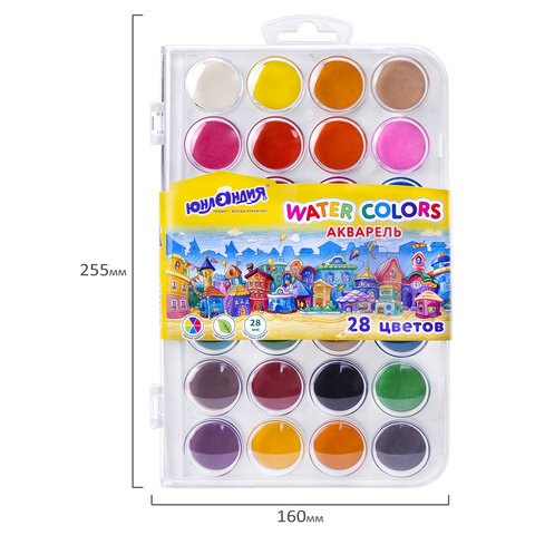 Краски акварельные ЮНЛАНДИЯ "ДОМИКИ", 28 цветов, круглые кюветы 28 мм, пенал, 192632