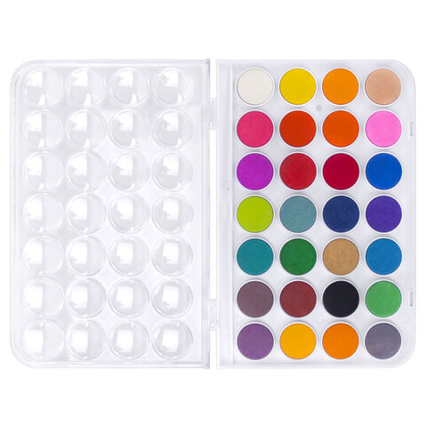 Краски акварельные ЮНЛАНДИЯ "ДОМИКИ", 28 цветов, круглые кюветы 28 мм, пенал, 192632