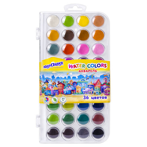 Краски акварельные ЮНЛАНДИЯ "ДОМИКИ", 36 цветов, круглые кюветы 23 мм, пенал, 192633