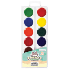 Краски акварельные BRAUBERG &laquo;МИЛЫЕ КОТЫ&raquo;, медовые, 12 цветов, круглые кюветы, 192685