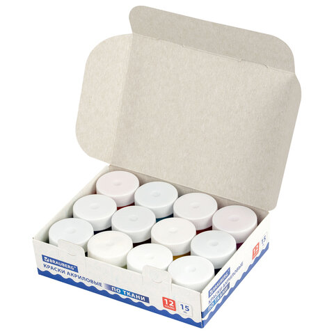 Краски акриловые по ткани 12 цветов по 15 мл, BRAUBERG, 192692 - фото 2