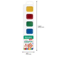 Краски акварельные BRAUBERG KIDS NEW, медовые, 6 цветов, квадратные кюветы, пластиковый пенал с европодвесом, 192794