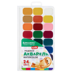 Краски акварельные BRAUBERG KIDS NEW, медовые, 24 цвета, квадратные кюветы, пластиковый пенал с европодвесом, 192797