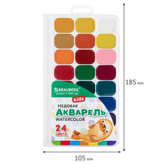 Краски акварельные BRAUBERG KIDS NEW, медовые, 24 цвета, квадратные кюветы, пластиковый пенал с европодвесом, 192797