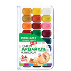 Краски акварельные BRAUBERG KIDS NEW, медовые, 24 цвета, квадратные кюветы, пластиковый пенал с европодвесом, 192797